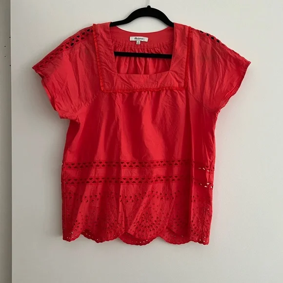 Madewell Red Eyelet Square Neck Short Sleeve Top - Picture 1 of 4
